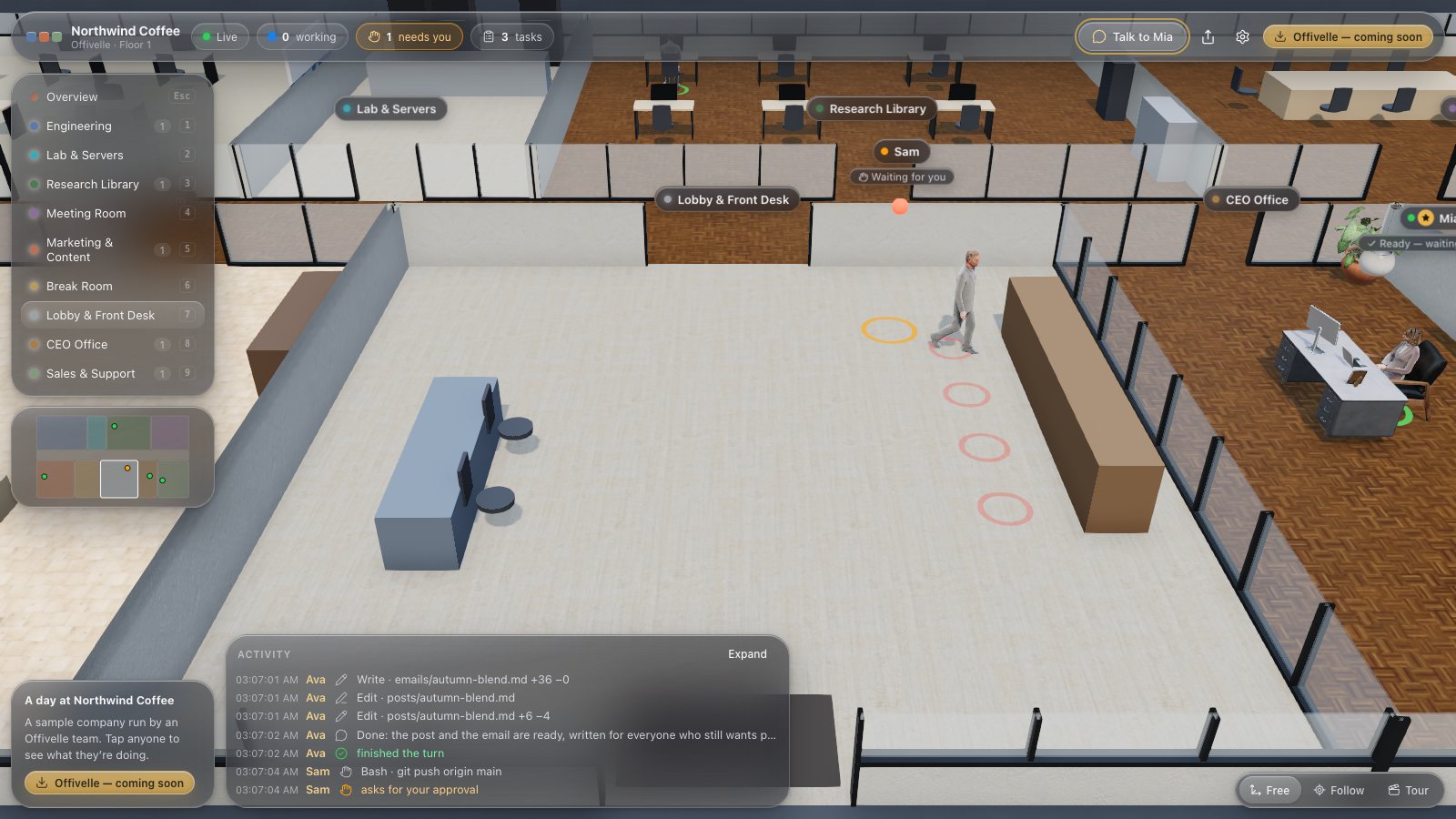 An agent waiting at the front desk for the owner's OK